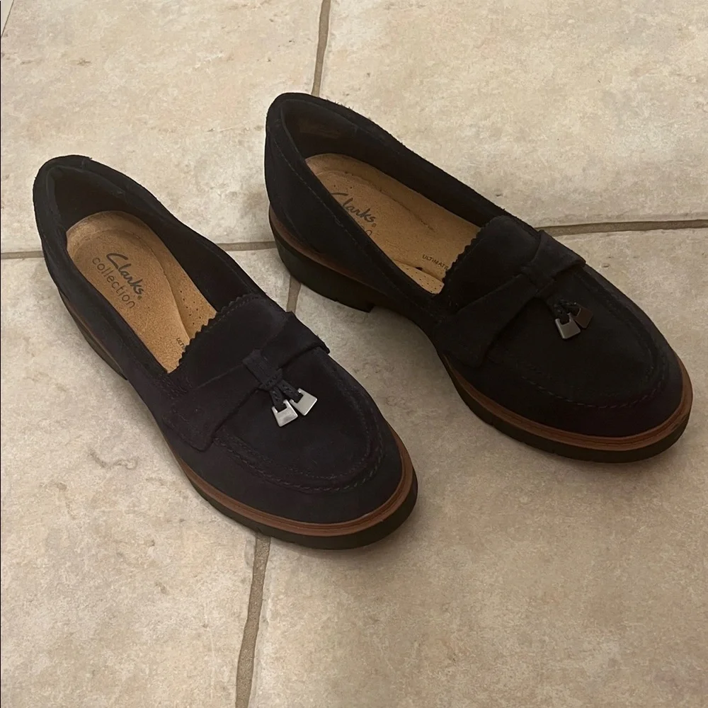 Navy Suede Clarks Westlynn Bella Leather Slip-On Loafers with Tassels Size 8.5 - Picture 3 of 16